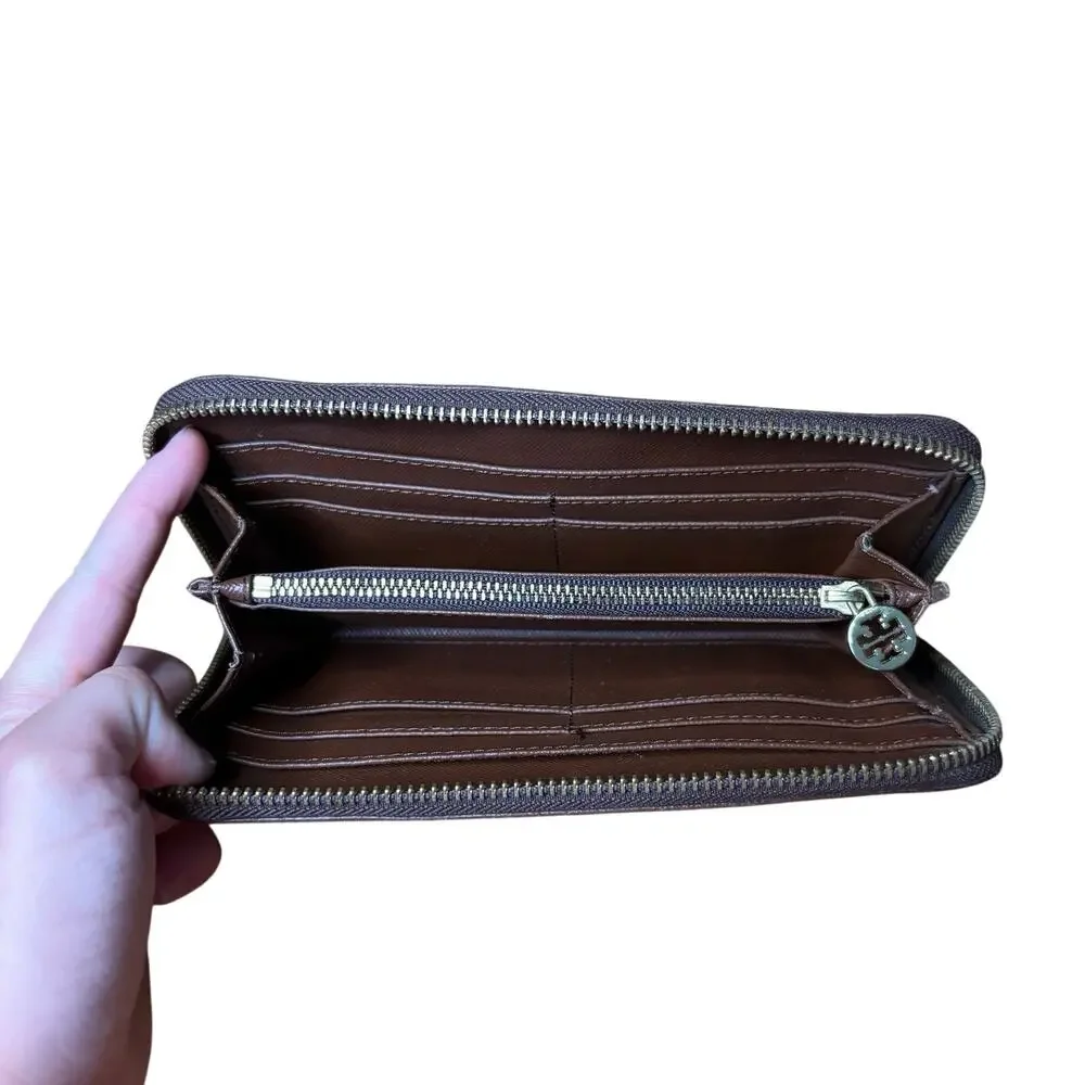 Tory Burch Robinson Dark Brown Saffiano Leather Zip Around Continental Wallet